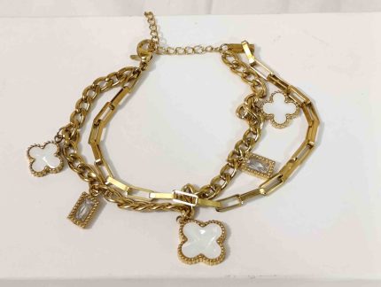Elegant Multi-Layered Gold Charm Bracelet with Clover & Crystal Accents