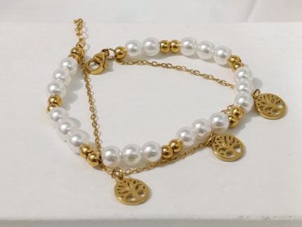 Elegant Pearl & Tree of Life Charm Double-Layer Bracelet