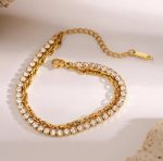 Elegant Dual-Layer Gold-Toned Tennis & Link Chain Bracelet