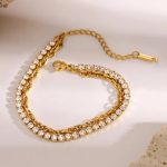 Elegant Dual-Layer Gold-Toned Tennis & Link Chain Bracelet